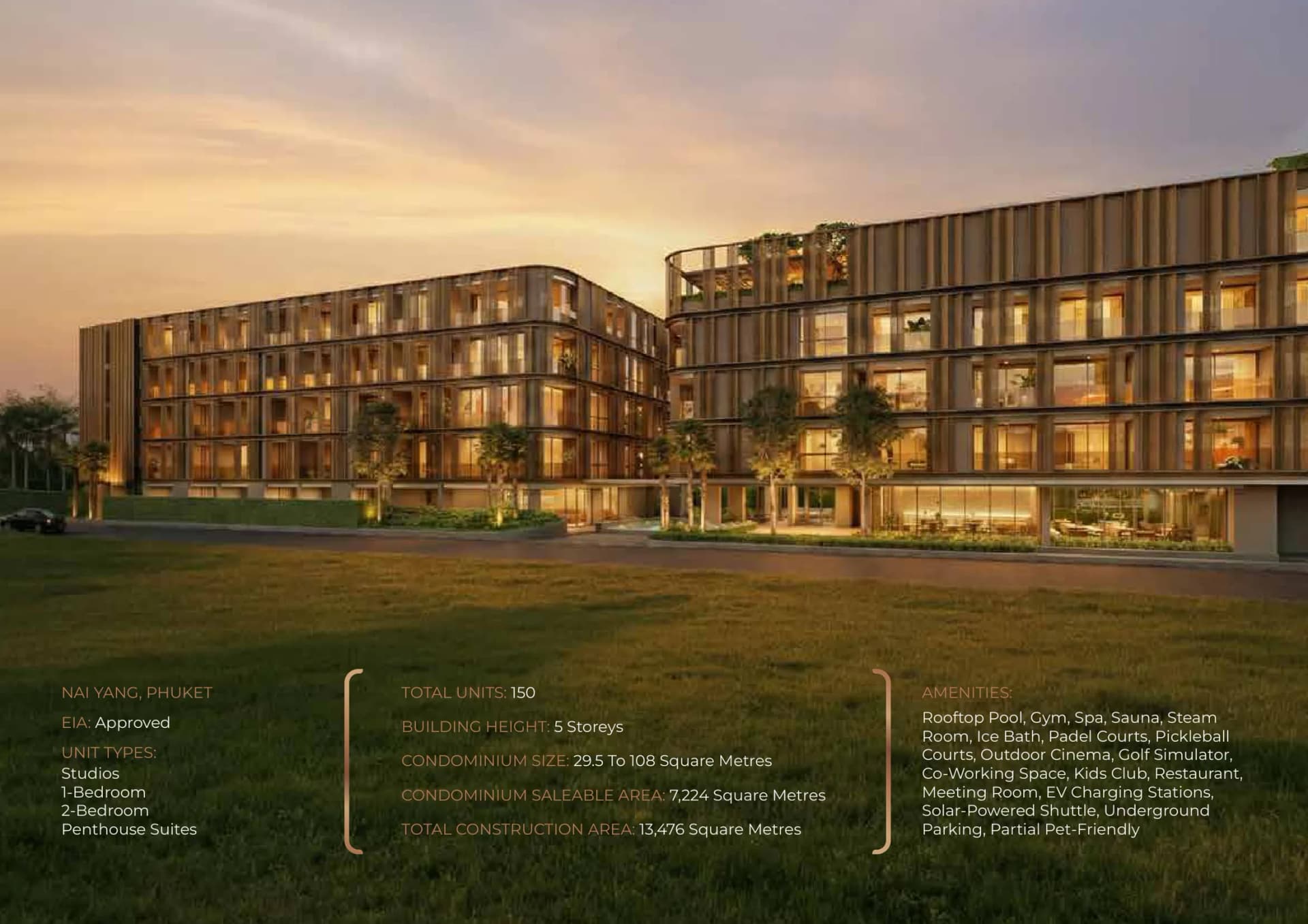 Silhouette at dusk with the fact sheet: 150 units, 5 storeys, 29.5–108 m²