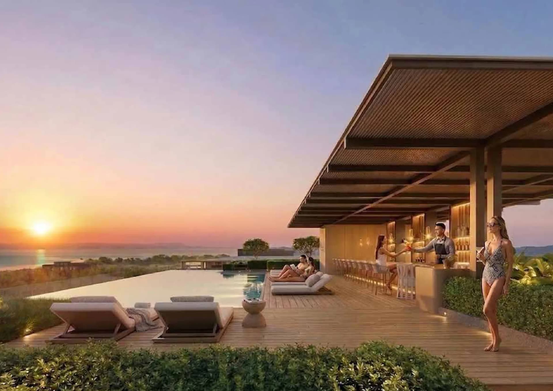 The rooftop pool and bar at sunset, developer's rendering