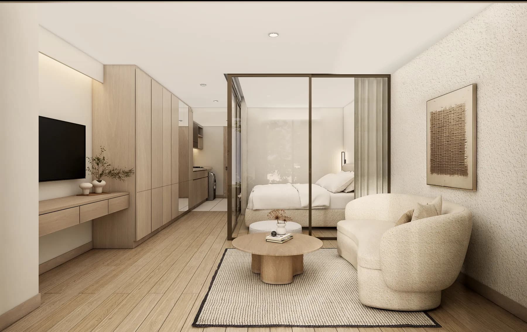 One-bedroom: living area with the balcony doors